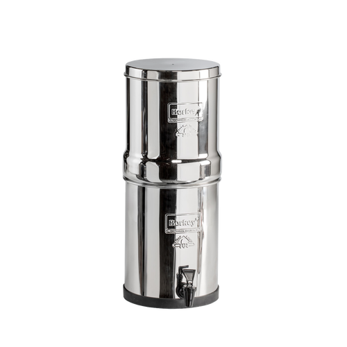Compact stainless steel gravity water purifier with upper and lower chambers, equipped with two Black Berkey elements and a spigot, ideal for emergency preparedness and travel use.