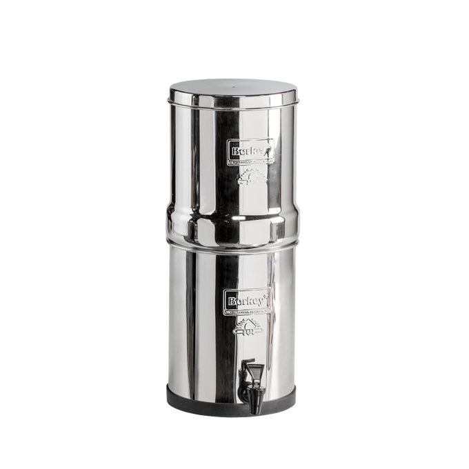Compact stainless steel gravity water purifier with upper and lower chambers, equipped with two Black Berkey elements and a spigot, ideal for emergency preparedness and travel use.