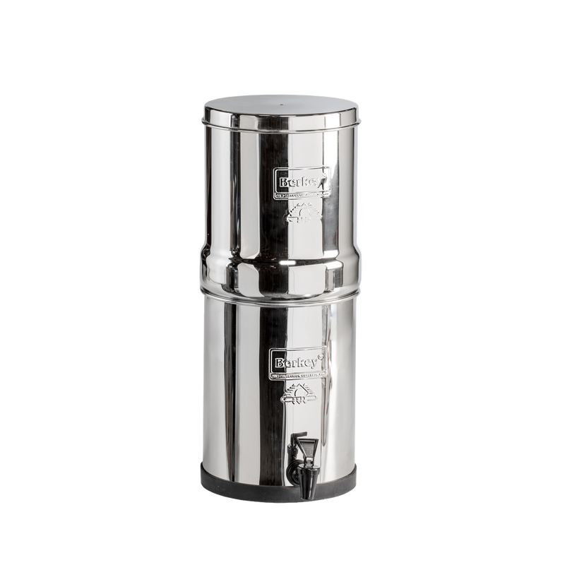 Compact stainless steel gravity water purifier with upper and lower chambers, equipped with two Black Berkey elements and a spigot, ideal for emergency preparedness and travel use.