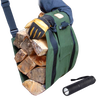 Handcrafted green canvas sling carrying multiple firewood logs, designed for ergonomic weight distribution, shown with leather gloves and a black flashlight, ideal for Farm, Garden & Tool and Wood Cutting and Hauling collections.