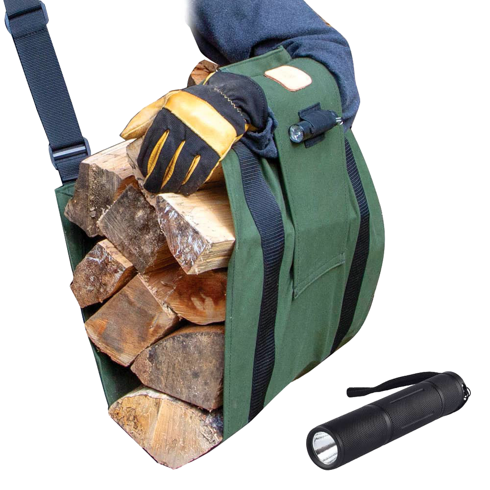 Handcrafted green canvas sling carrying multiple firewood logs, designed for ergonomic weight distribution, shown with leather gloves and a black flashlight, ideal for Farm, Garden & Tool and Wood Cutting and Hauling collections.