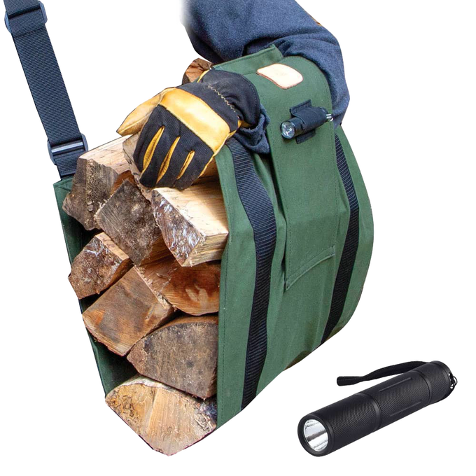 Handcrafted green canvas sling carrying multiple firewood logs, designed for ergonomic weight distribution, shown with leather gloves and a black flashlight, ideal for Farm, Garden & Tool and Wood Cutting and Hauling collections.