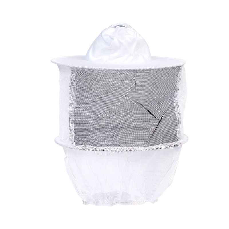 White poly-cotton beekeeping hat with veil featuring no-seam mesh to keep away from face, elastic under arms for snug fit, collapsible design, ideal for farm, garden, and beekeeping supplies collections.