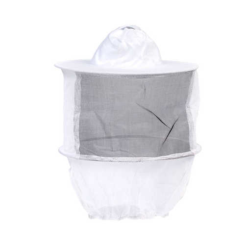 White poly-cotton beekeeping hat with veil featuring no-seam mesh to keep away from face, elastic under arms for snug fit, collapsible design, ideal for farm, garden, and beekeeping supplies collections.