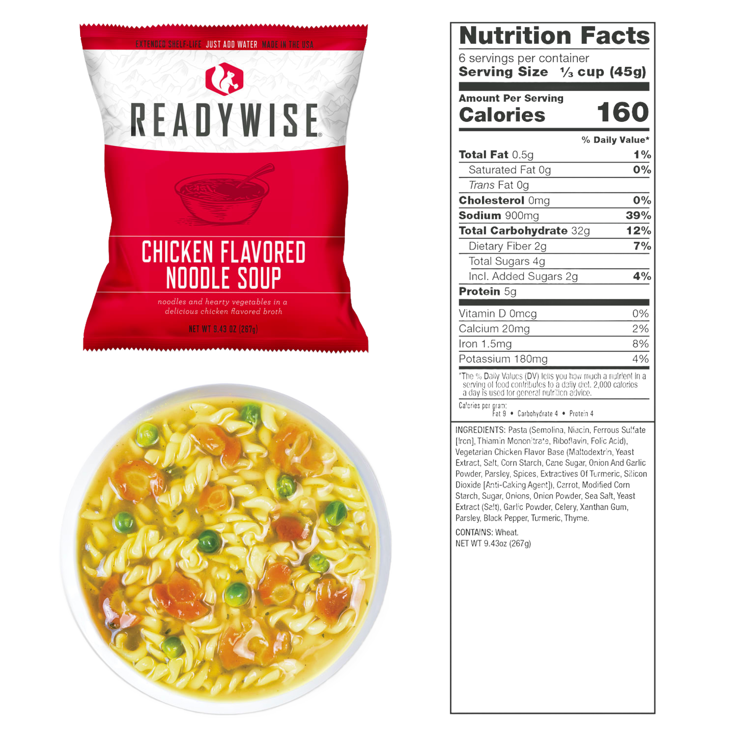 ReadyWise chicken flavored noodle soup packet with nutrition facts label and bowl showing noodles, peas, and vegetables in broth, part of Emergency Supplies, Kitchen & Food, and USA Made collections.