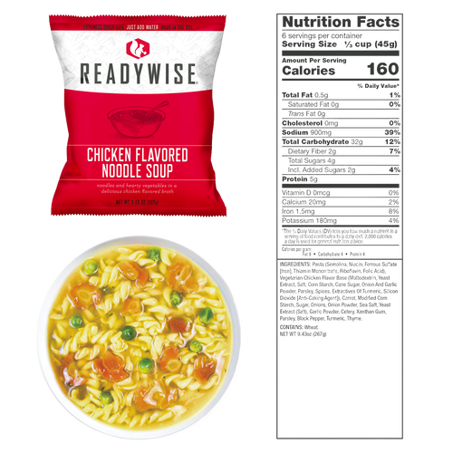 ReadyWise chicken flavored noodle soup packet with nutrition facts label and bowl showing noodles, peas, and vegetables in broth, part of Emergency Supplies, Kitchen & Food, and USA Made collections.
