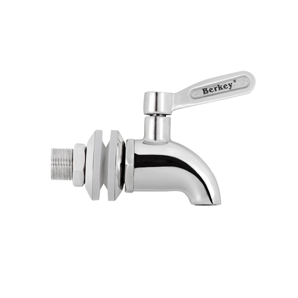 Heavy duty stainless steel spigot with polished finish and ergonomic handle, designed for Berkey 304 stainless steel water filters, suitable for Appliances and Water Heating collections.