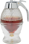 Glass honey and syrup dispenser with textured honeycomb pattern, chrome-plated lever and lid, includes glass stand, ideal for Kitchen & Food, Storage and Serving, Best Sellers, and Promo Eligible collections.