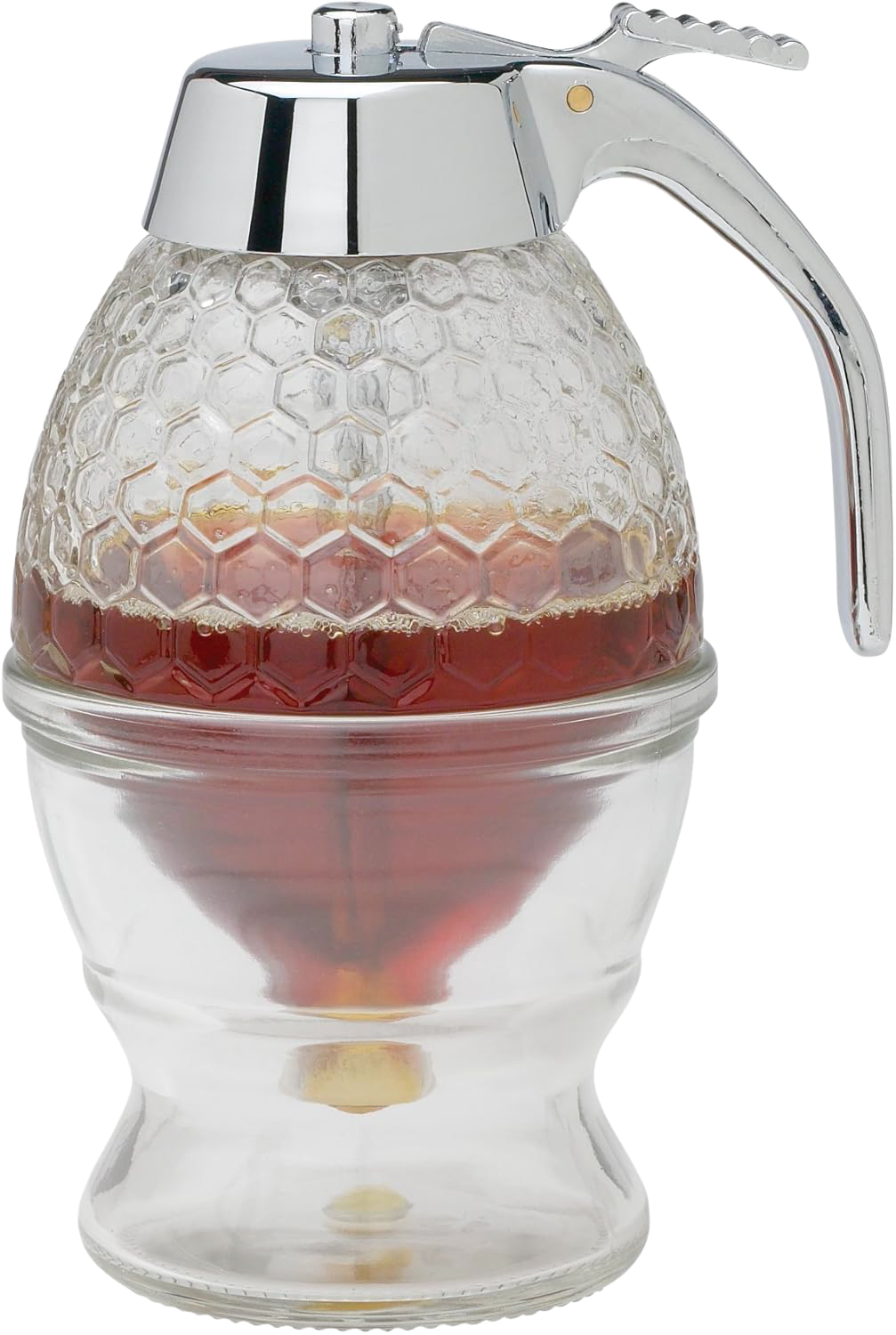 Glass honey and syrup dispenser with textured honeycomb pattern, chrome-plated lever and lid, includes glass stand, ideal for Kitchen & Food, Storage and Serving, Best Sellers, and Promo Eligible collections.