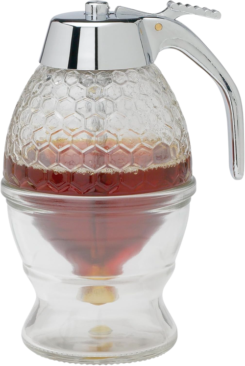 Glass honey and syrup dispenser with textured honeycomb pattern, chrome-plated lever and lid, includes glass stand, ideal for Kitchen & Food, Storage and Serving, Best Sellers, and Promo Eligible collections.
