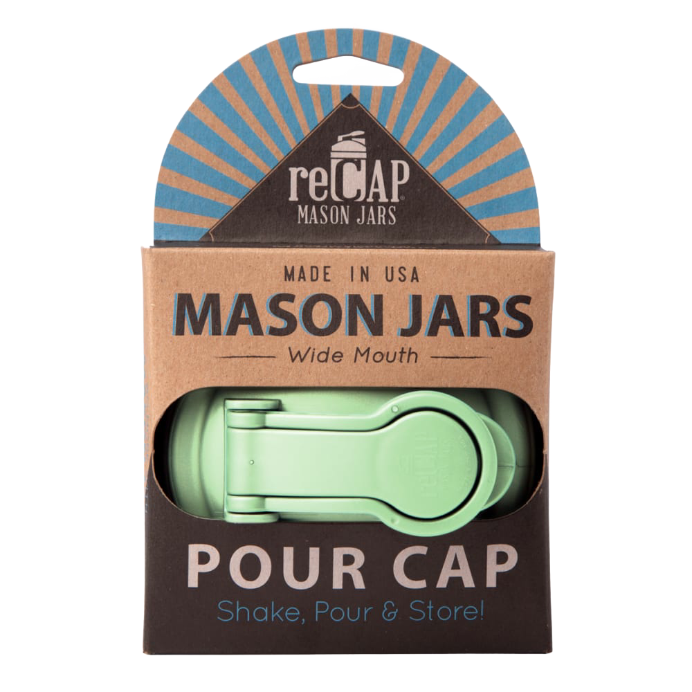 Green pour lid with flip-top spout and carry loop for wide mouth mason jars, made in the USA from durable no-break plastic, ideal for Kitchen & Food, Kitchen Gadgets, and Best Sellers collections.