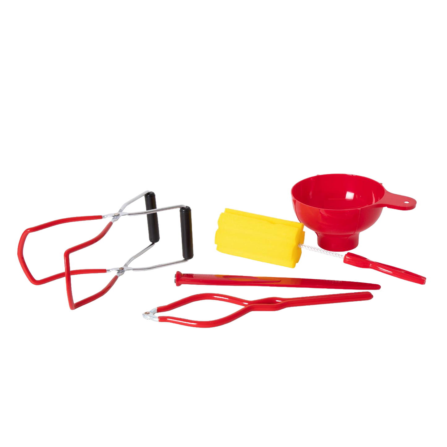 Set of red and yellow kitchen tools including jar lifter, funnel, magnetic lid wand, and silicone sponge for food preservation and water bath canning, best sellers collection.