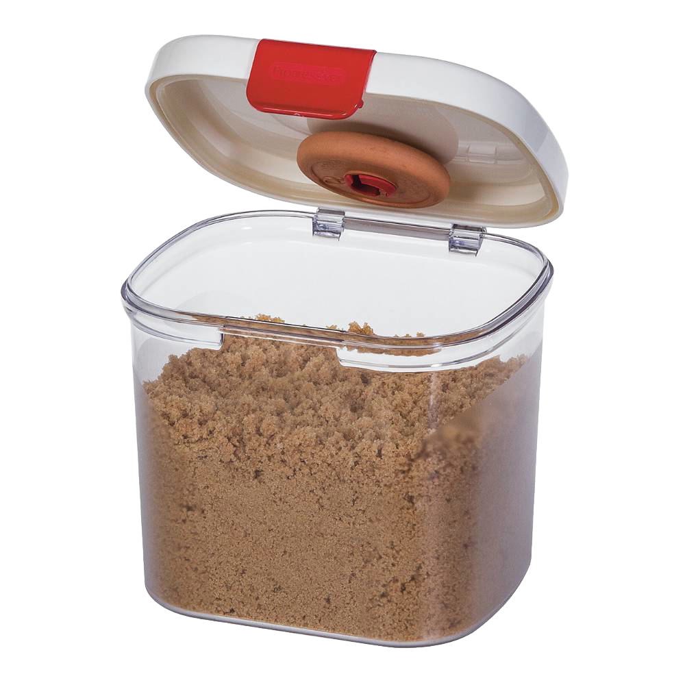 Clear BPA-free brown sugar keeper container with a snap-shut cream lid featuring a terra cotta humidity control piece, designed to keep sugar fresh longer for Kitchen & Food use.