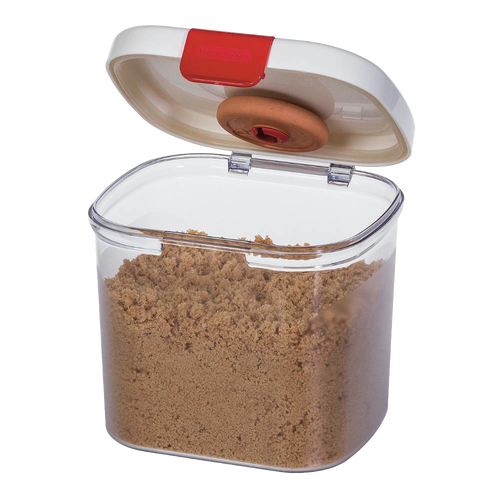 Clear BPA-free brown sugar keeper container with a snap-shut cream lid featuring a terra cotta humidity control piece, designed to keep sugar fresh longer for Kitchen & Food use.