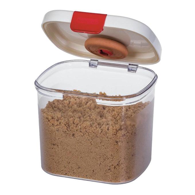 Clear BPA-free brown sugar keeper container with a snap-shut cream lid featuring a terra cotta humidity control piece, designed to keep sugar fresh longer for Kitchen & Food use.