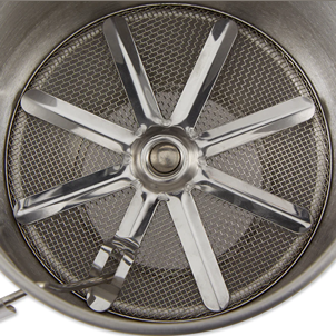 Stainless steel vintage-style flour sifter interior with star-shaped wire mesh and aerating blades, designed for easy one-handed use in Kitchen & Food, Baking Supplies, and Cookware collections.