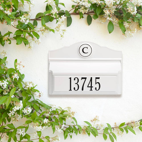 Handcrafted white and black wall mount mailbox featuring a personalized monogram and house number, made in USA, ideal for Home & Decor, Mailboxes and Address Signs, and Best Sellers collections.