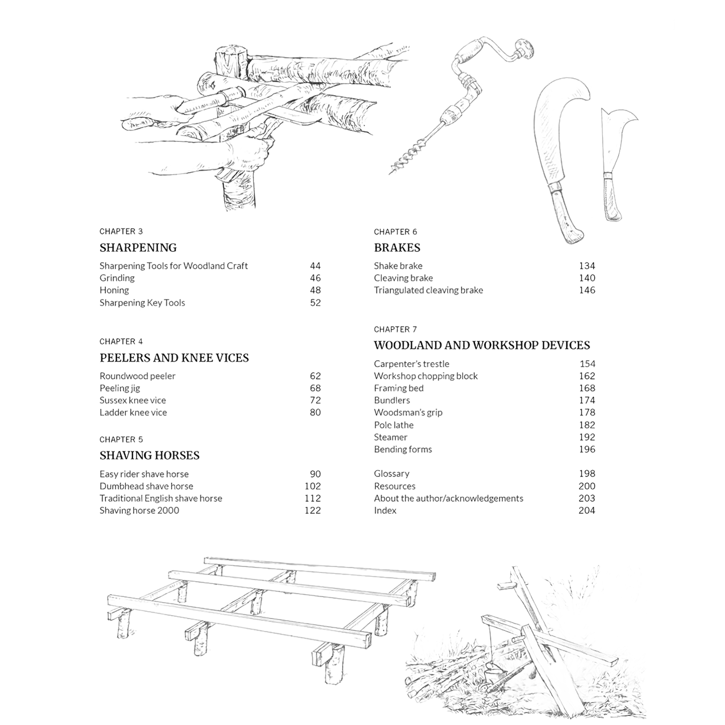 Black and white detailed woodland craft tool diagrams with accompanying text descriptions, showcasing traditional equipment and woodworking components, featured in Home and Garden How-To Books and Best Sellers collections.