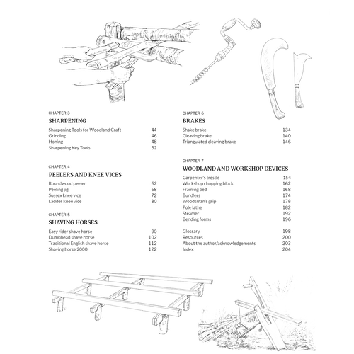 Black and white detailed woodland craft tool diagrams with accompanying text descriptions, showcasing traditional equipment and woodworking components, featured in Home and Garden How-To Books and Best Sellers collections.