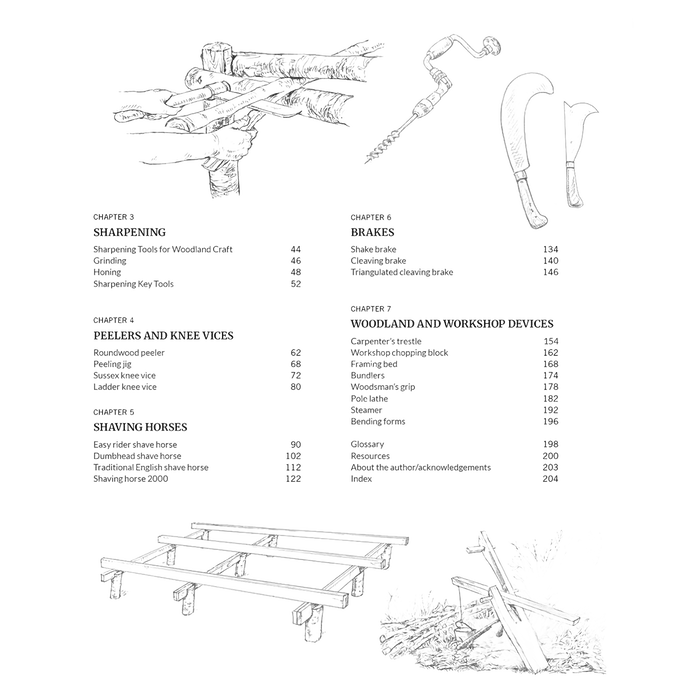 Black and white detailed woodland craft tool diagrams with accompanying text descriptions, showcasing traditional equipment and woodworking components, featured in Home and Garden How-To Books and Best Sellers collections.