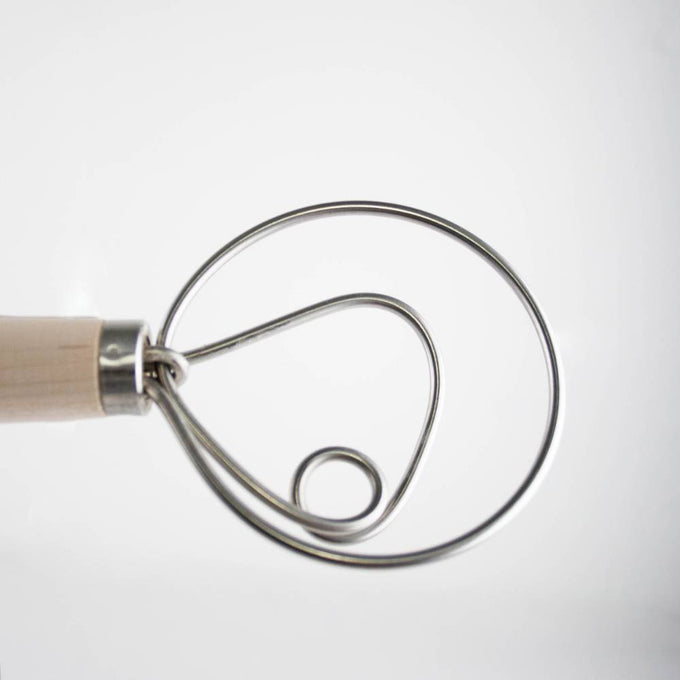 Handcrafted Old Country Dough Whisk with a smooth wooden handle and two spiral stainless steel wires, Amish made in USA, ideal for Kitchen & Food, Baking Supplies, and Cookware collections.