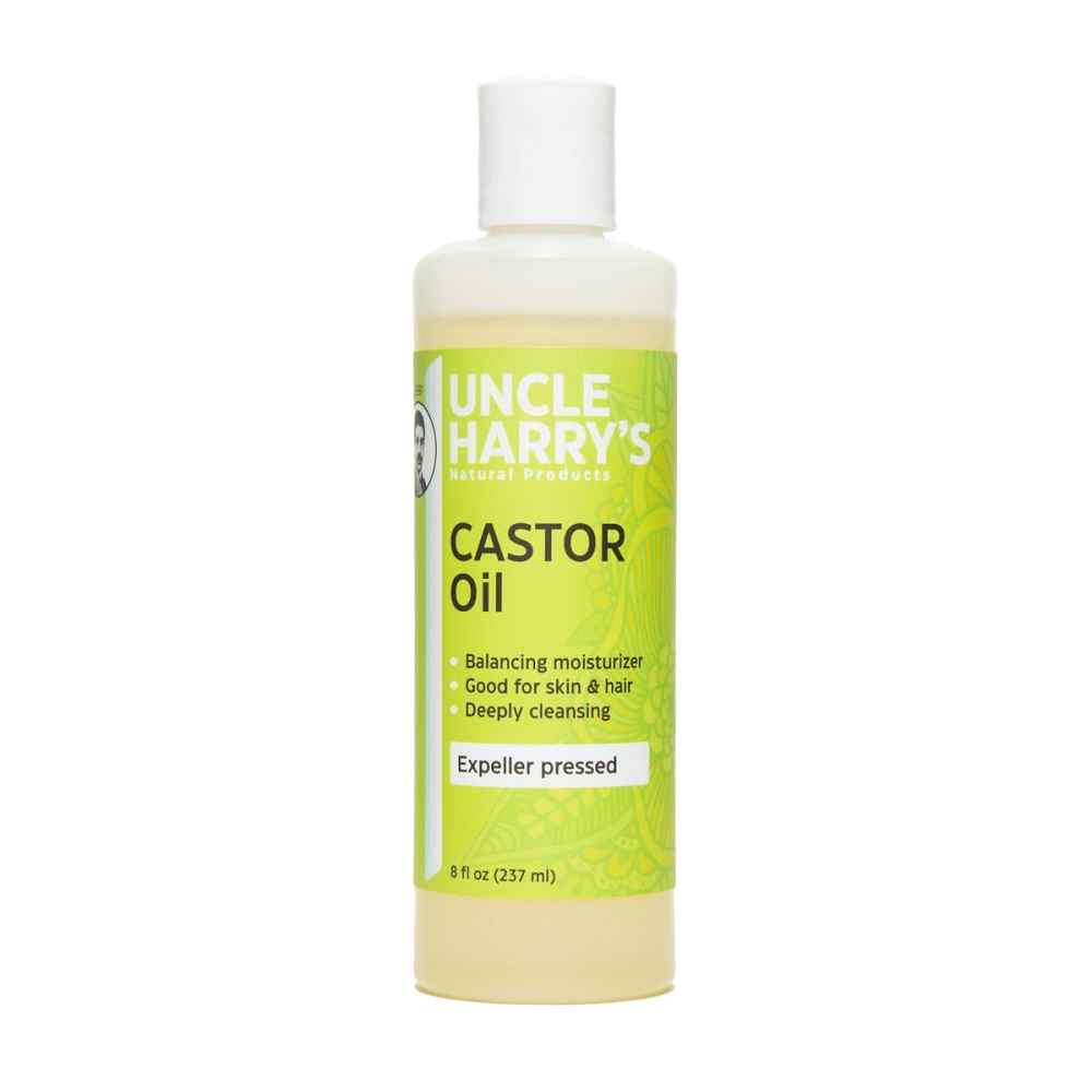 Bottle of Uncle Harry's castor oil for moisturizing, featuring expeller pressed oil, promoting skin and hair hydration, part of Health & Wellness, Grooming, and USA Made collections.