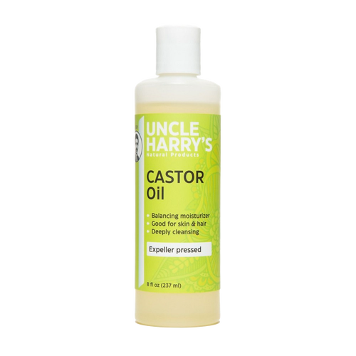 Bottle of Uncle Harry's castor oil for moisturizing, featuring expeller pressed oil, promoting skin and hair hydration, part of Health & Wellness, Grooming, and USA Made collections.