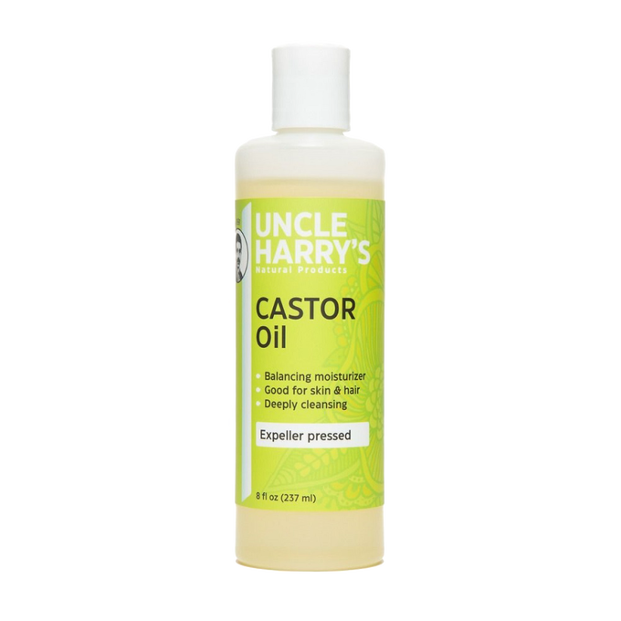 Bottle of Uncle Harry's castor oil for moisturizing, featuring expeller pressed oil, promoting skin and hair hydration, part of Health & Wellness, Grooming, and USA Made collections.