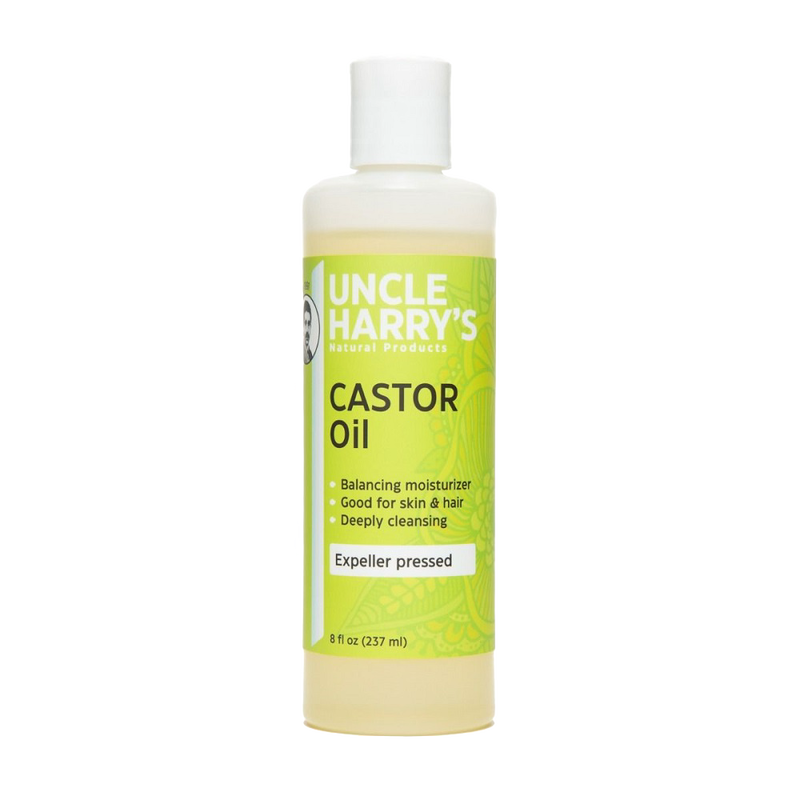 Bottle of Uncle Harry's castor oil for moisturizing, featuring expeller pressed oil, promoting skin and hair hydration, part of Health & Wellness, Grooming, and USA Made collections.