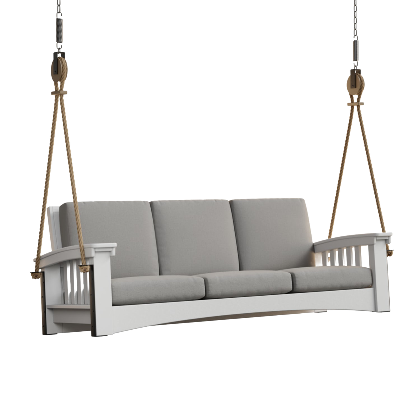 Handcrafted 7 ft rope swing sofa with thick gray cushions, made from durable painted cypress and suspended by natural rope, featured in Home & Decor, Outdoor Furniture, USA Made, Amish Made collections.