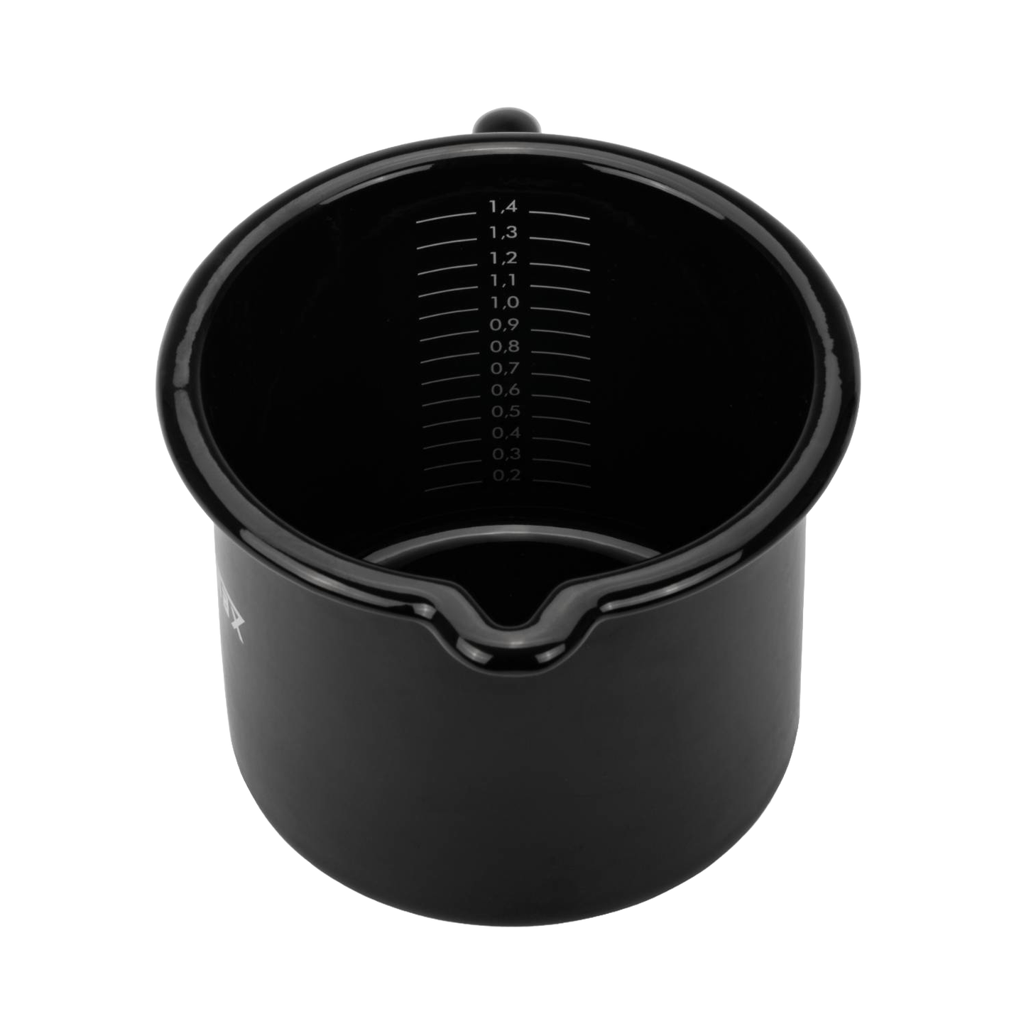 Black enameled steel milk pot with clear volume markings, designed for durable outdoor use in camping, kitchen, and cookware collections, featuring a precise pour spout.