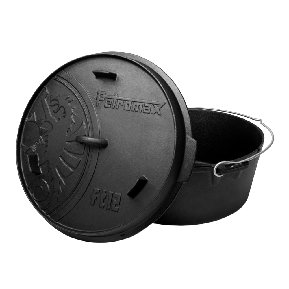 Seasoned cast iron Dutch oven featuring a flat base and embossed lid with a unique sunburst design, equipped with a sturdy metal bail handle, ideal for Kitchen & Food, Cookware, Cast Iron, Best Sellers, Promo Eligible collections.
