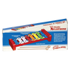 Colorful wooden xylophone with eight brightly painted metal keys, printed musical notes, and two wooden mallets, designed for children's indoor play and featured in Toys, Books & Games collections.