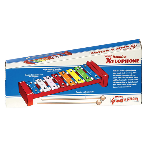 Colorful wooden xylophone with eight brightly painted metal keys, printed musical notes, and two wooden mallets, designed for children's indoor play and featured in Toys, Books & Games collections.