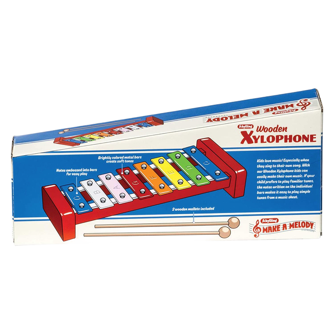 Colorful wooden xylophone with eight brightly painted metal keys, printed musical notes, and two wooden mallets, designed for children's indoor play and featured in Toys, Books & Games collections.