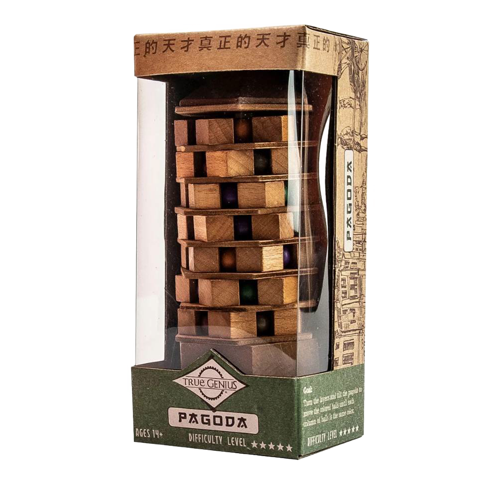 Handcrafted wooden puzzle featuring a tiered pagoda design with colored beads, challenging players in the Toys, Games and Puzzles, Best Sellers, and Children's Toys collections.