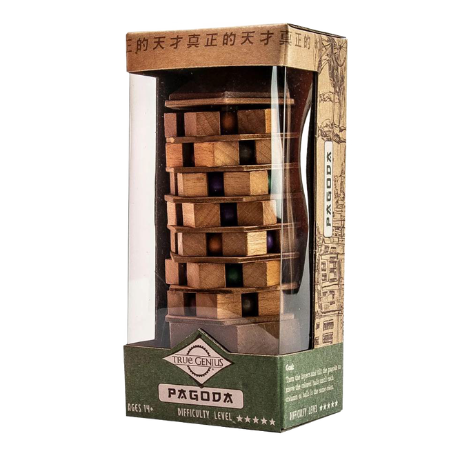 Handcrafted wooden puzzle featuring a tiered pagoda design with colored beads, challenging players in the Toys, Games and Puzzles, Best Sellers, and Children's Toys collections.