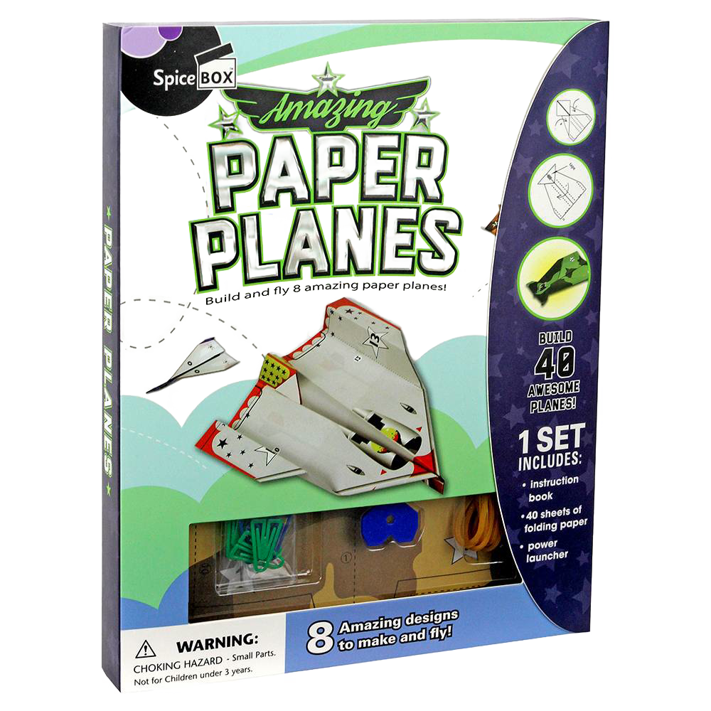 Colorful kit packaging featuring paper planes and accessories for folding 8 unique designs, perfect for children's indoor play, arts and crafts, and educational fun.