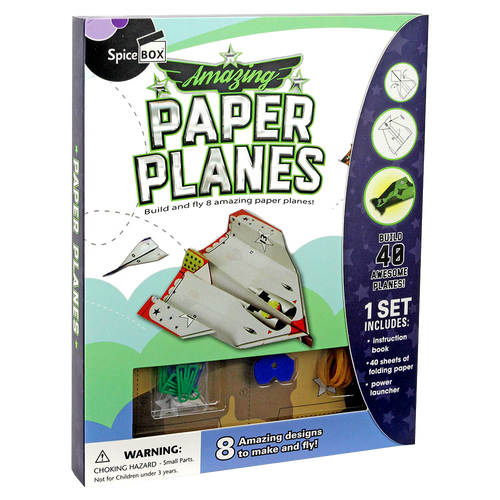 Colorful kit packaging featuring paper planes and accessories for folding 8 unique designs, perfect for children's indoor play, arts and crafts, and educational fun.