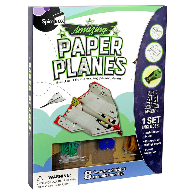 Colorful kit packaging featuring paper planes and accessories for folding 8 unique designs, perfect for children's indoor play, arts and crafts, and educational fun.