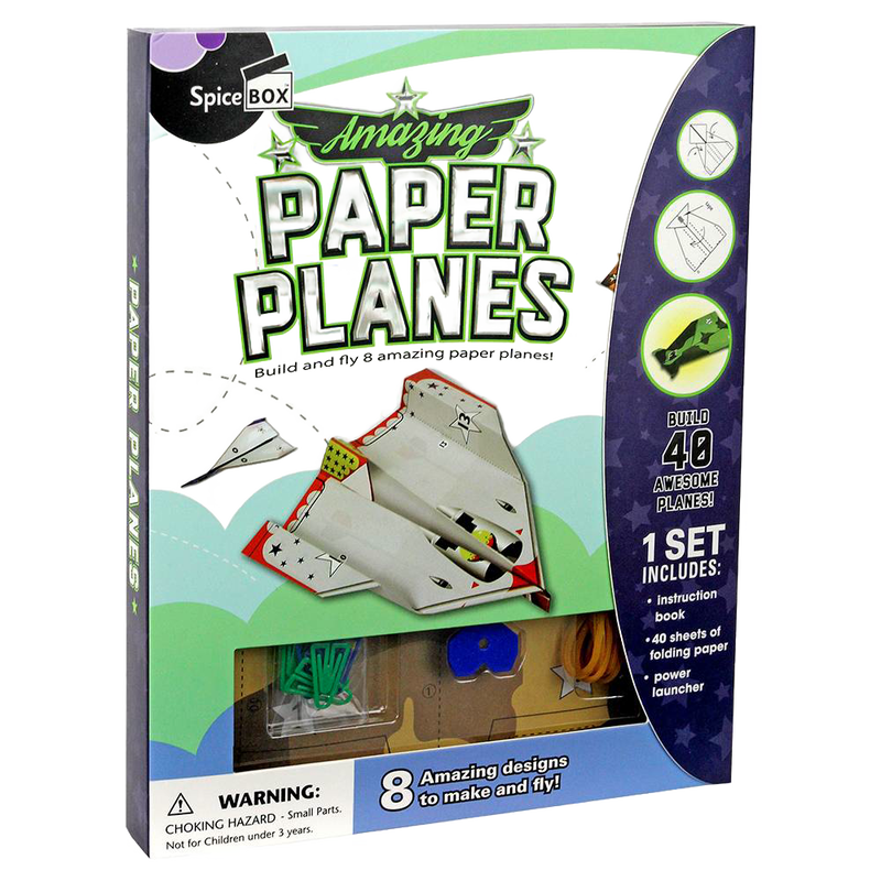 Colorful kit packaging featuring paper planes and accessories for folding 8 unique designs, perfect for children's indoor play, arts and crafts, and educational fun.