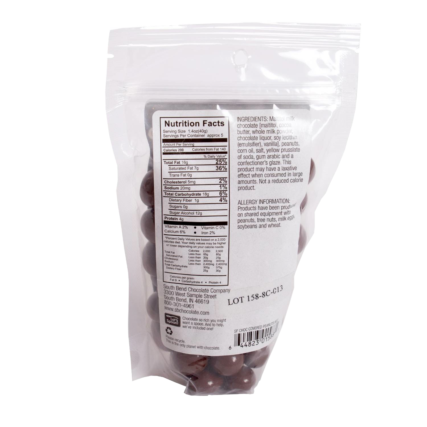 Clear resealable bag of handcrafted sugar-free milk chocolate covered peanuts made in USA, ideal for Kitchen & Food, Snacks and Sweets, Candy, and Best Sellers collections.