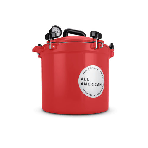 Handcrafted bright red 21.5-quart pressure canner with secure locking lid, built-in pressure gauge, and sturdy handle, made in USA for Kitchen & Food, Food Preservation, Canning, and Best Sellers collections.