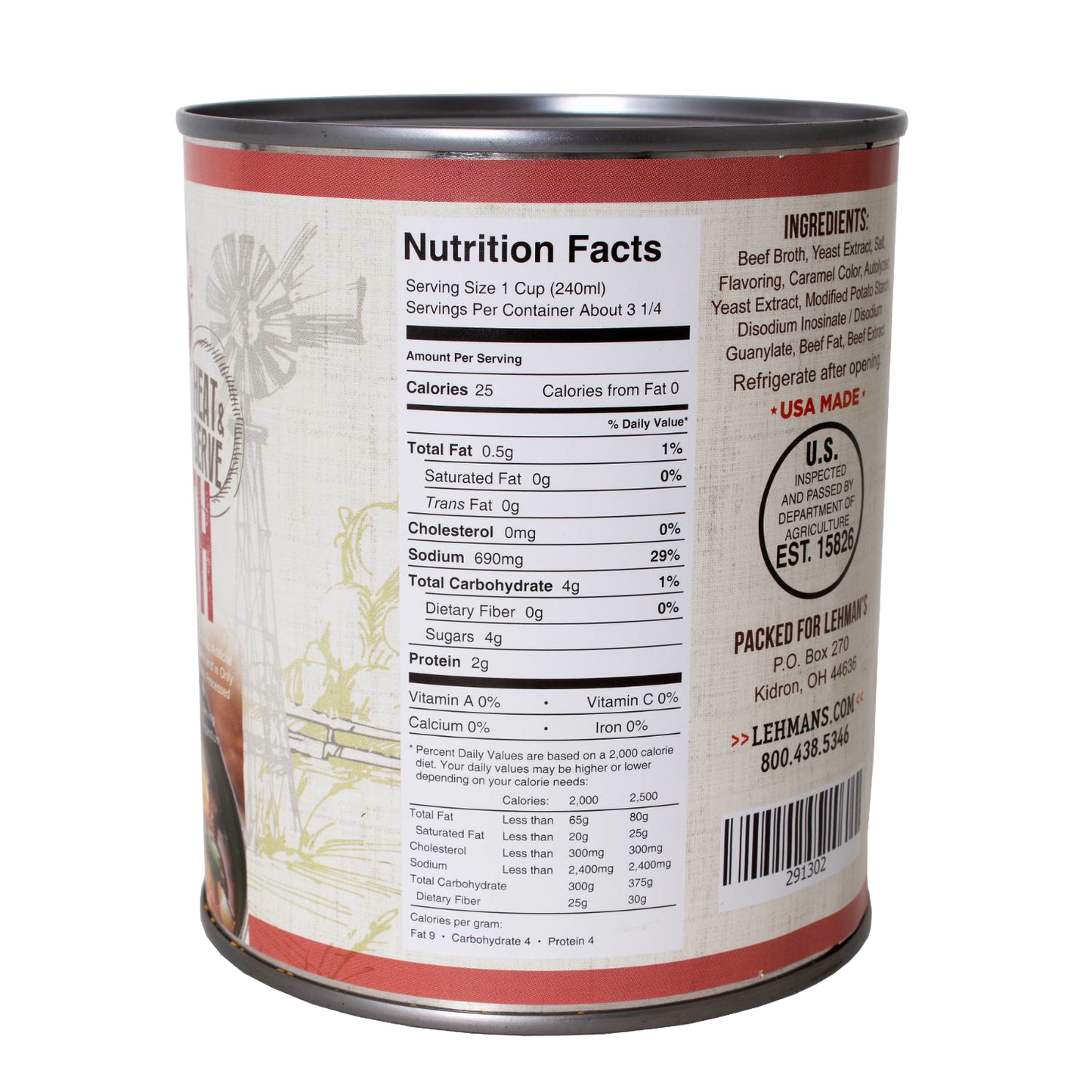 Nutrition facts label on a handcrafted canned beef broth highlighting low fat, moderate sodium, and protein content, ideal for Farm, Garden & Tool, Kitchen & Food, Emergency Supplies, Food, Meats, Best Sellers, and Promo Eligible collections.
