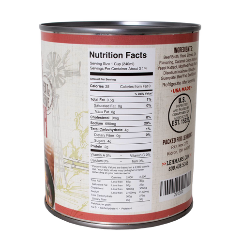 Nutrition facts label on a handcrafted canned beef broth highlighting low fat, moderate sodium, and protein content, ideal for Farm, Garden & Tool, Kitchen & Food, Emergency Supplies, Food, Meats, Best Sellers, and Promo Eligible collections.
