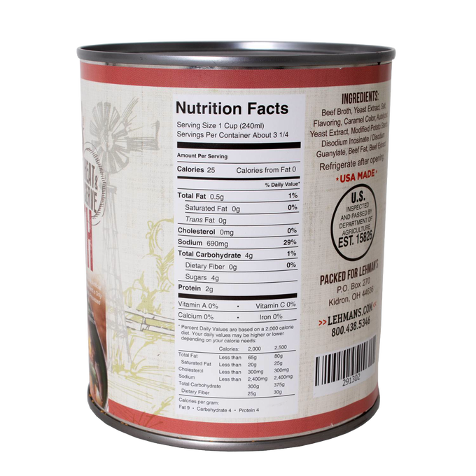 Nutrition facts label on a handcrafted canned beef broth highlighting low fat, moderate sodium, and protein content, ideal for Farm, Garden & Tool, Kitchen & Food, Emergency Supplies, Food, Meats, Best Sellers, and Promo Eligible collections.