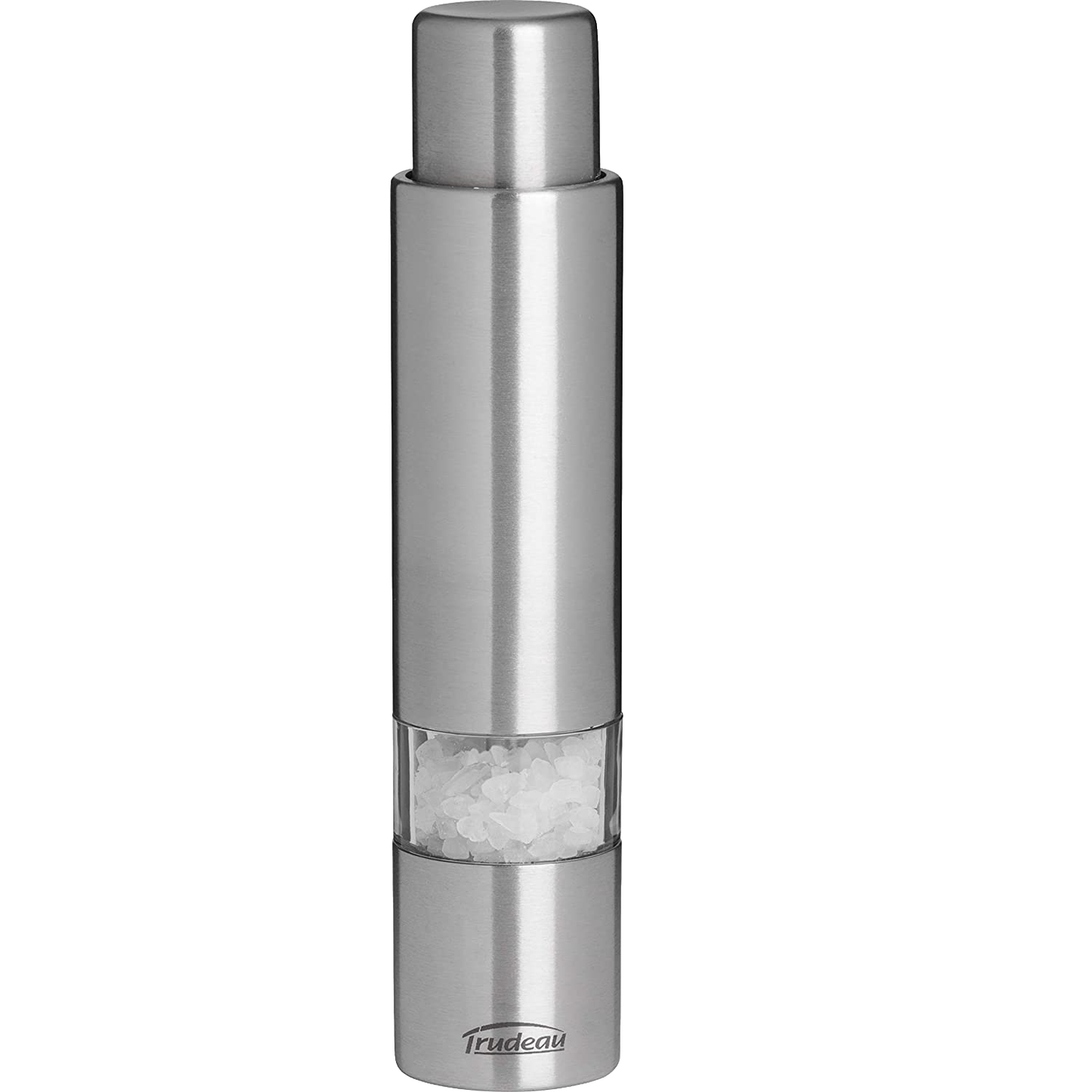 Sleek stainless steel salt grinder with clear window showing coarse salt, designed for easy one-hand use, ideal for Kitchen & Food, Pantry, and Kitchen Gadgets collections.