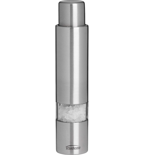 Sleek stainless steel salt grinder with clear window showing coarse salt, designed for easy one-hand use, ideal for Kitchen & Food, Pantry, and Kitchen Gadgets collections.