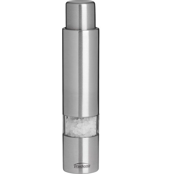 Sleek stainless steel salt grinder with clear window showing coarse salt, designed for easy one-hand use, ideal for Kitchen & Food, Pantry, and Kitchen Gadgets collections.