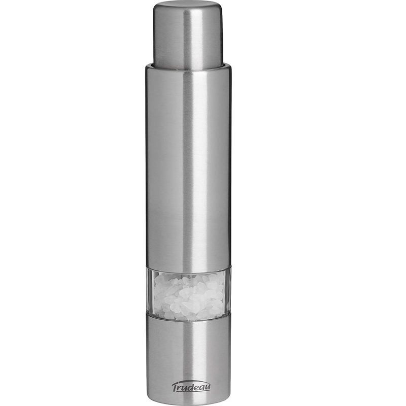 Sleek stainless steel salt grinder with clear window showing coarse salt, designed for easy one-hand use, ideal for Kitchen & Food, Pantry, and Kitchen Gadgets collections.